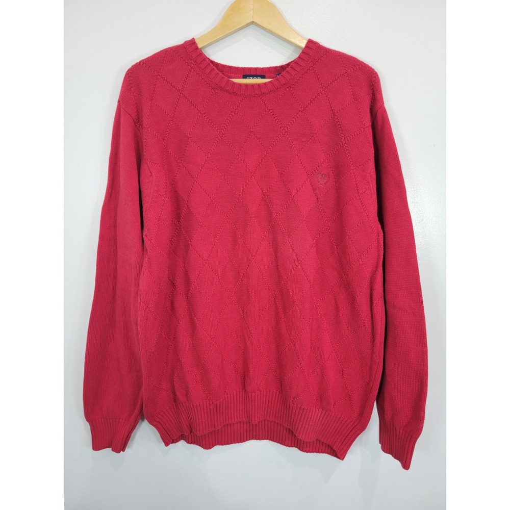IZOD Mens Red Argyle Crew Neck Knit Sweater Size XL 100% Cotton‎